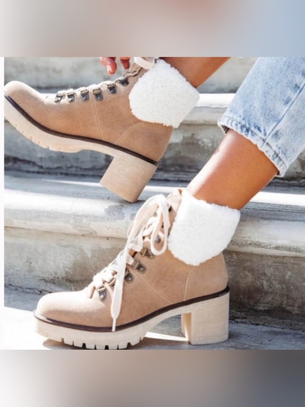VICI Tan Suede Sherpa-Lined Lace-Up Ankle Boots - Size 8 - New In Box - Picture 3 of 7